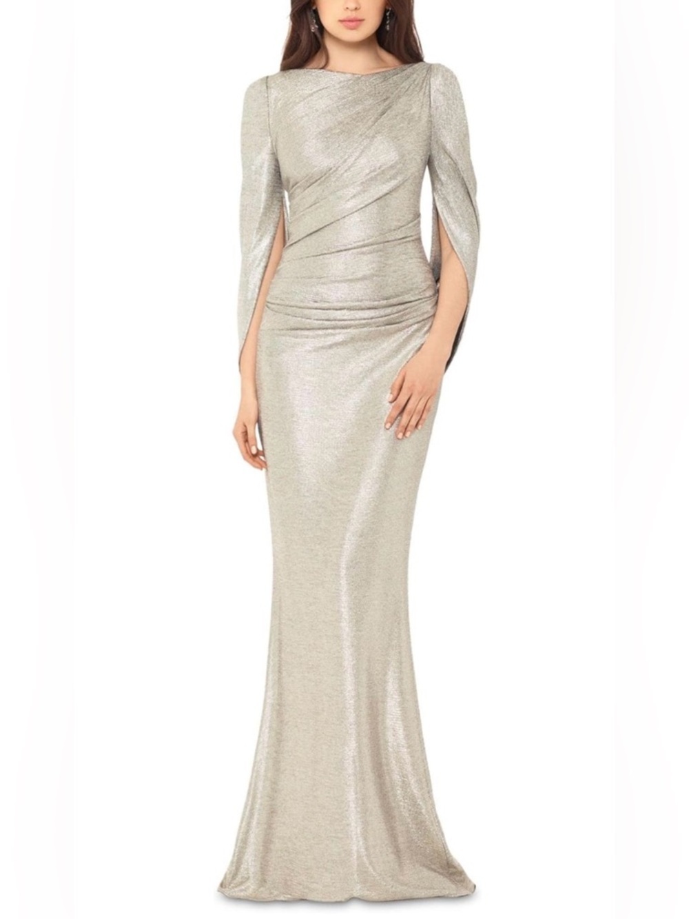 Betsy & Adam Long Metallic Rouch Drape Back Sleeve